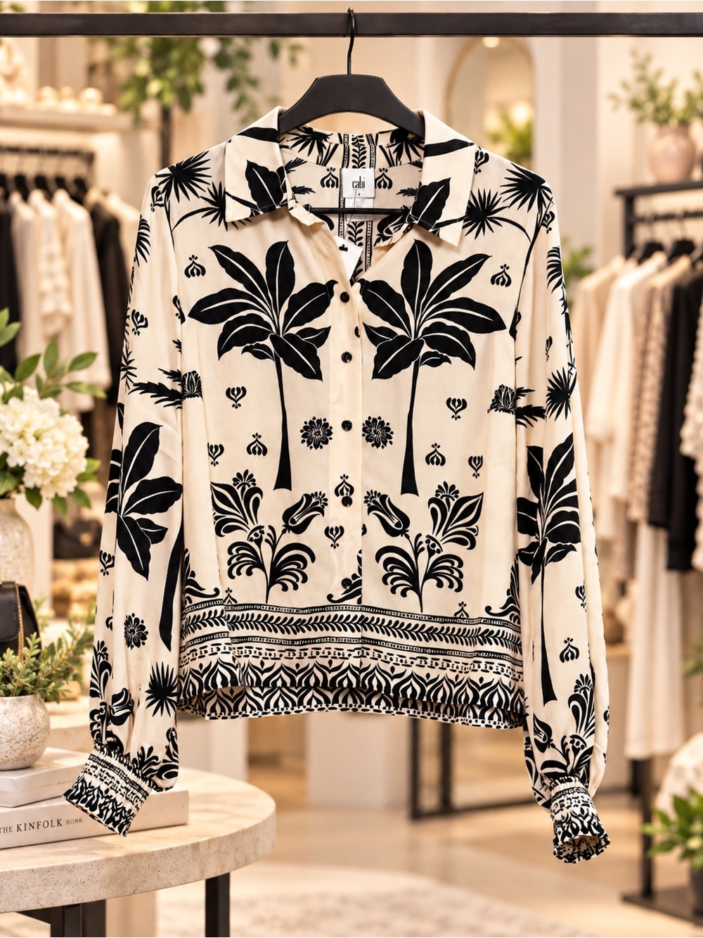 Cabi Marrakesh Top Black Cream Botanical Print Blouse S NWT - Picture 2 of 11